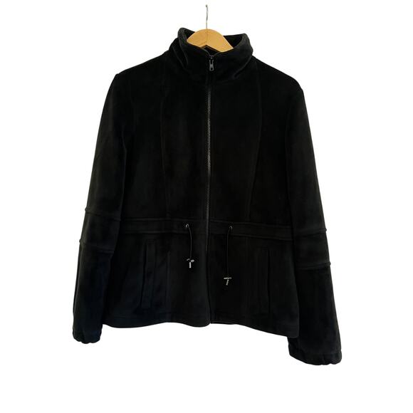 Kristen Blake Plush Fleece Zip Up Jacket Womens Medium Black Velour Cinch Waist - Picture 1 of 16